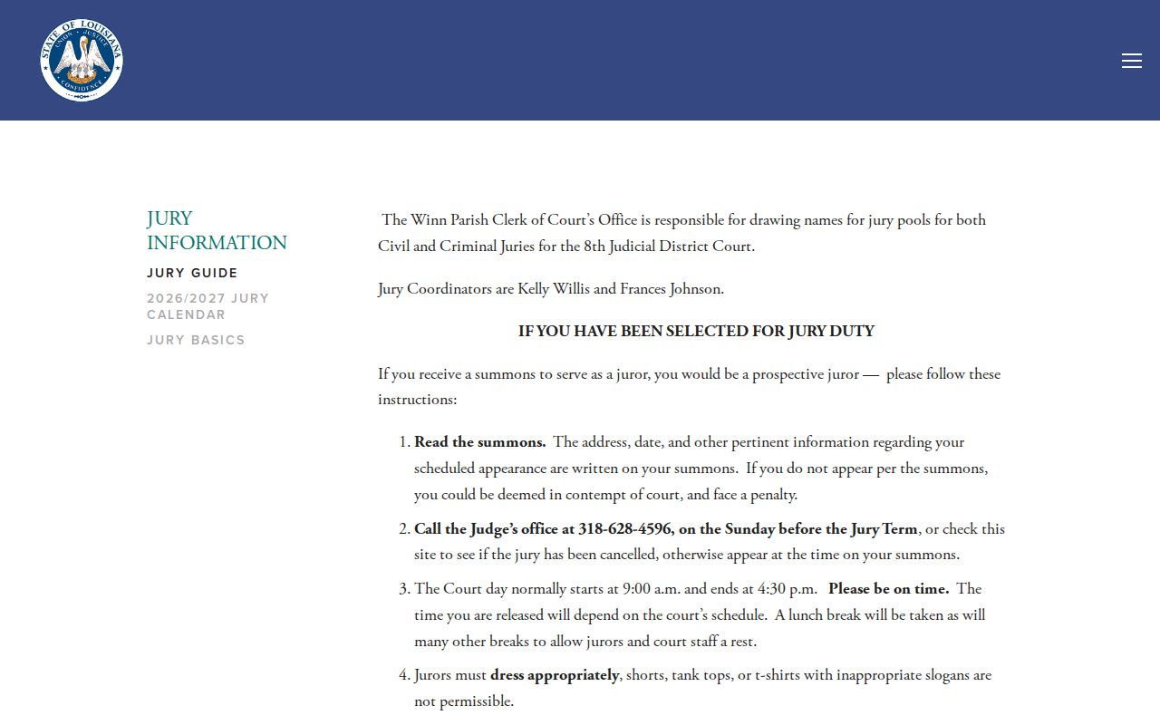 Winn Parish court docket jury guide and court date confirmation information